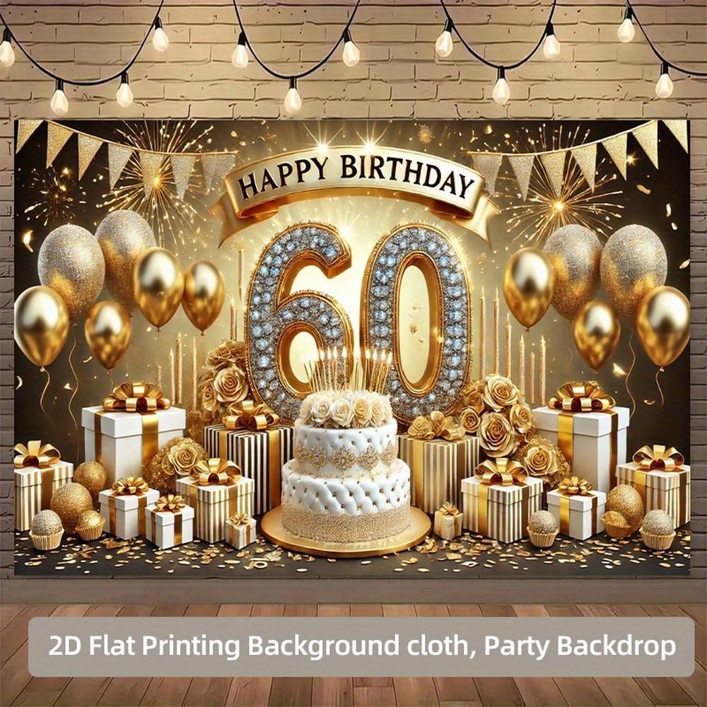 1pc 2D Flat 60th Birthday Party Backdrop - Golden Glitter "152.4cm with Balloons, Confetti & Gift Boxes, Polyester Photography Background for Indoor/Outdoor Celebrations, No Power Needed, Perfect