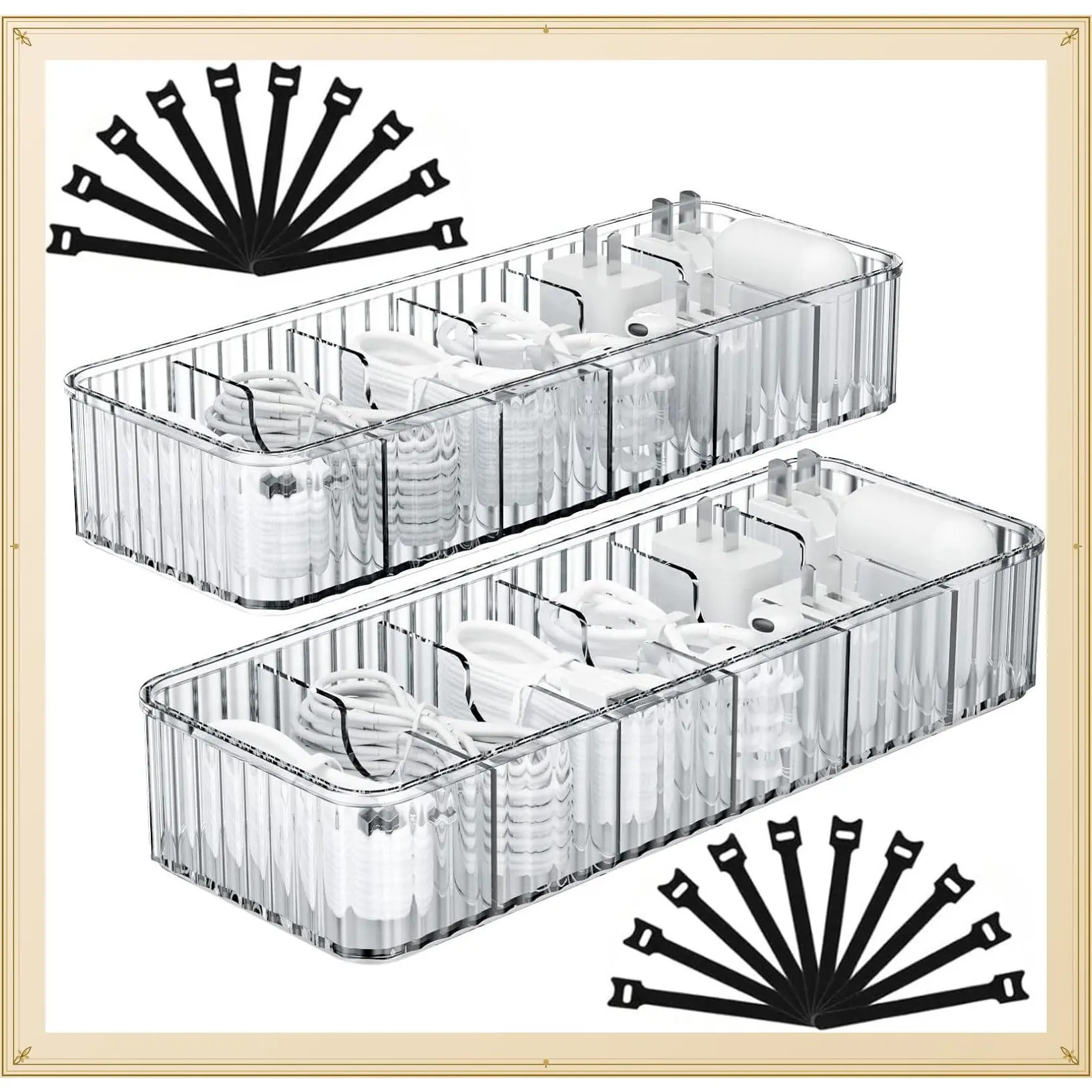 Cable Storage Box Organizer 2 Pack with 20 Cable Ties, Stackable Cord Charger Case for Desk OrganizationGift
