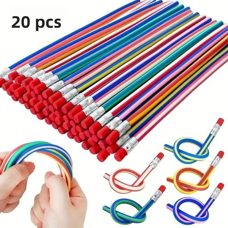 20-Pack Soft Multicolor Striped Flexible Pencils with Eraser, Perfect Gift for Halloween, Christmas, Valentine's Day, Student Use, Writing Stationery