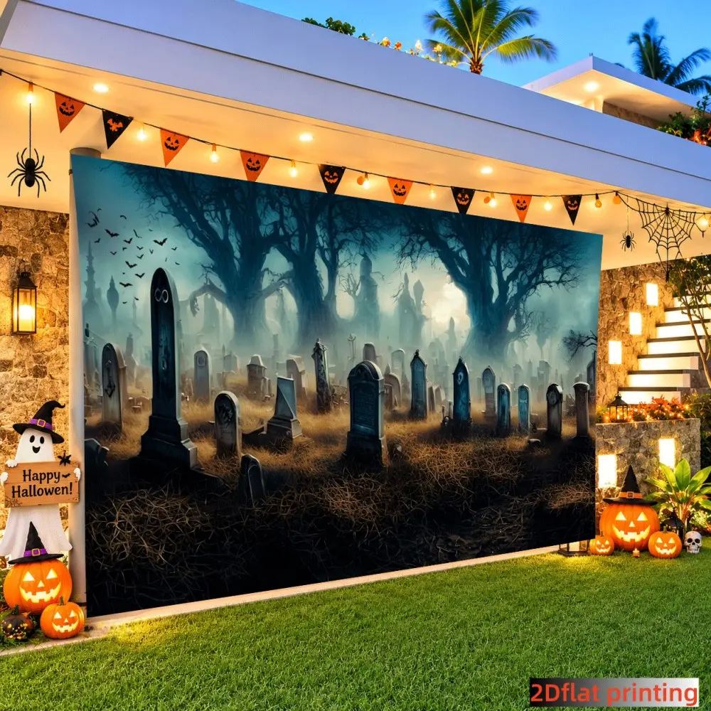 1PC 2D flat foggy grass cemetery with dead trees and tombstones spooky dark Halloween background cloth polyester fiber suitable for Halloween theme parties, indoor and outdoor wall decorations, Halloween costumes