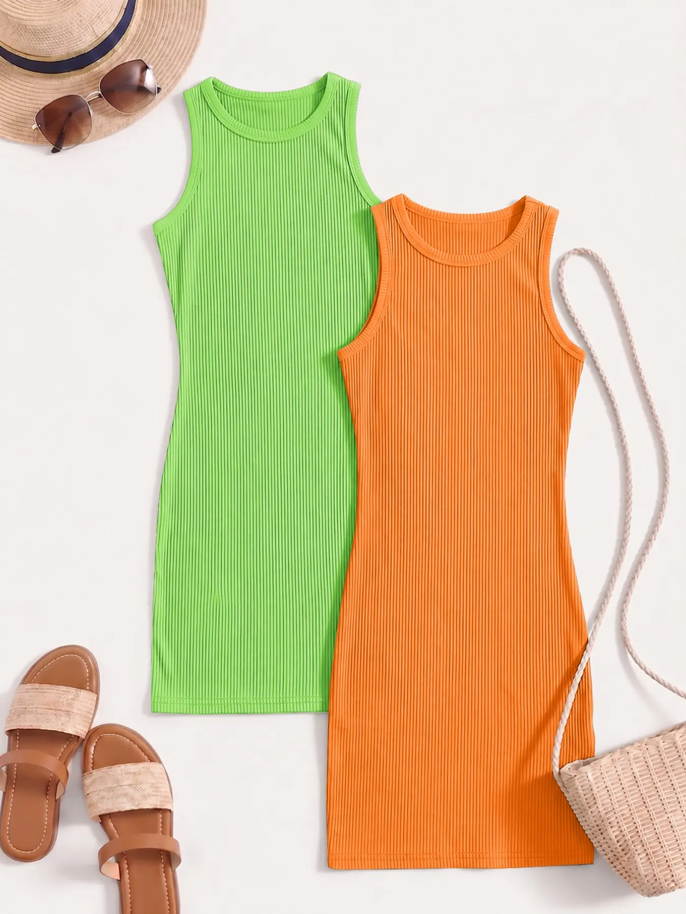 Ribbed Sleeveless Bodycon Mini Dress 2 Pack, Crew Neck Tank Dress, 14 Two-Color Sets, 7 Colors, Summer Casual, XS-Xl, Womenswear