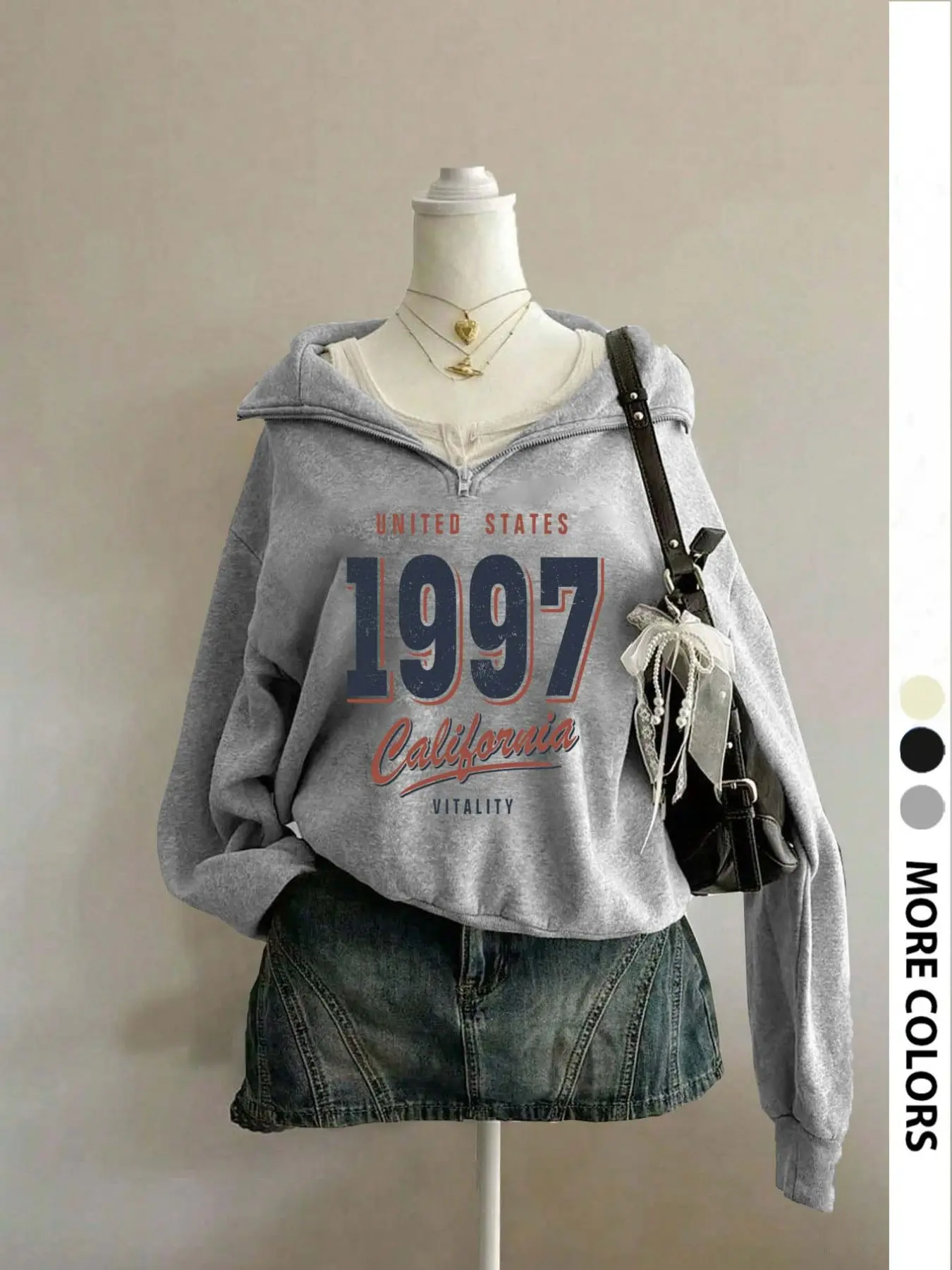 Women's Half-Zip Sweatshirt Hoodie with Letter and Number Print, Casual Long Sleeve, Loose Fit, Spring & Fall Fashion, Comfortable and Stylish Clothes