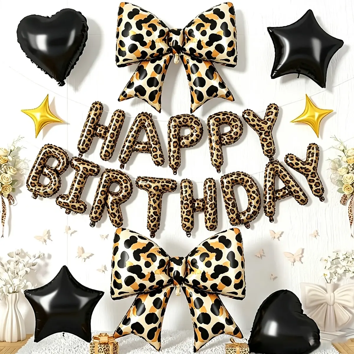 16 Inch Y2K Leopard Print Birthday Banner with Butterfly Balloons, Party Decor Set for Girl Theme Birthdays, Charming Celebration Accessories