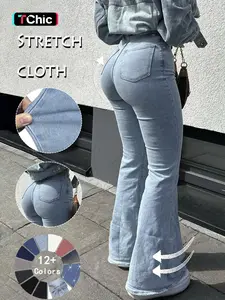 Gilipur Y2K Women's Plain Bell Bottom Jeans, Casual Button Fly Pockets, Slim-Fit Denim Jeans, All-Season Streetwear