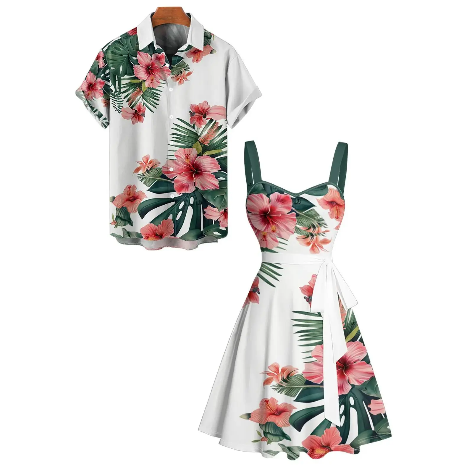 2026 Couple Set Women's Vacation Tropical Flower Print Belted Mini Dress And Men's Short Sleeve Shirt Matching Outfit, Daily Essential, Modern Classic, Classic Design, Easy Styling, All Season Use, Fashion Forward