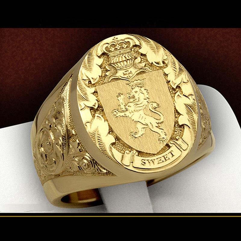 Vintage Crown Lion Shield Crest Ring | European Gold Plated Royal Signet Men's Ring