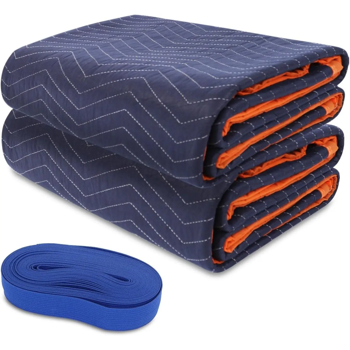 2 Moving Blankets 72x80in with 1 Elastic Rubber Band (196in Extendable to 400in) - Durable Quilted Moving Blanket-Heavy Duty Shipping Blankets ( Weight 8.8 lbs,Black/Blue)