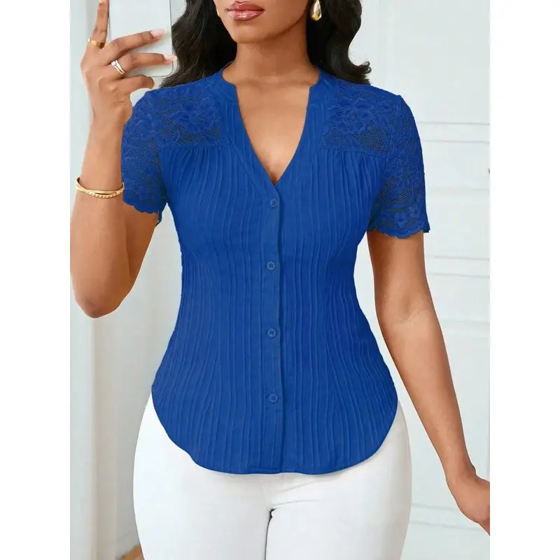 Women's Casual Lace Cut-Out Blouse, Solid Color Short Sleeve V-Neck Slim Fit Top with Single Button, Shortsleeve, Blouse Shirt, Cut-Out Lace, All Seasons, Machine Wash, Basic