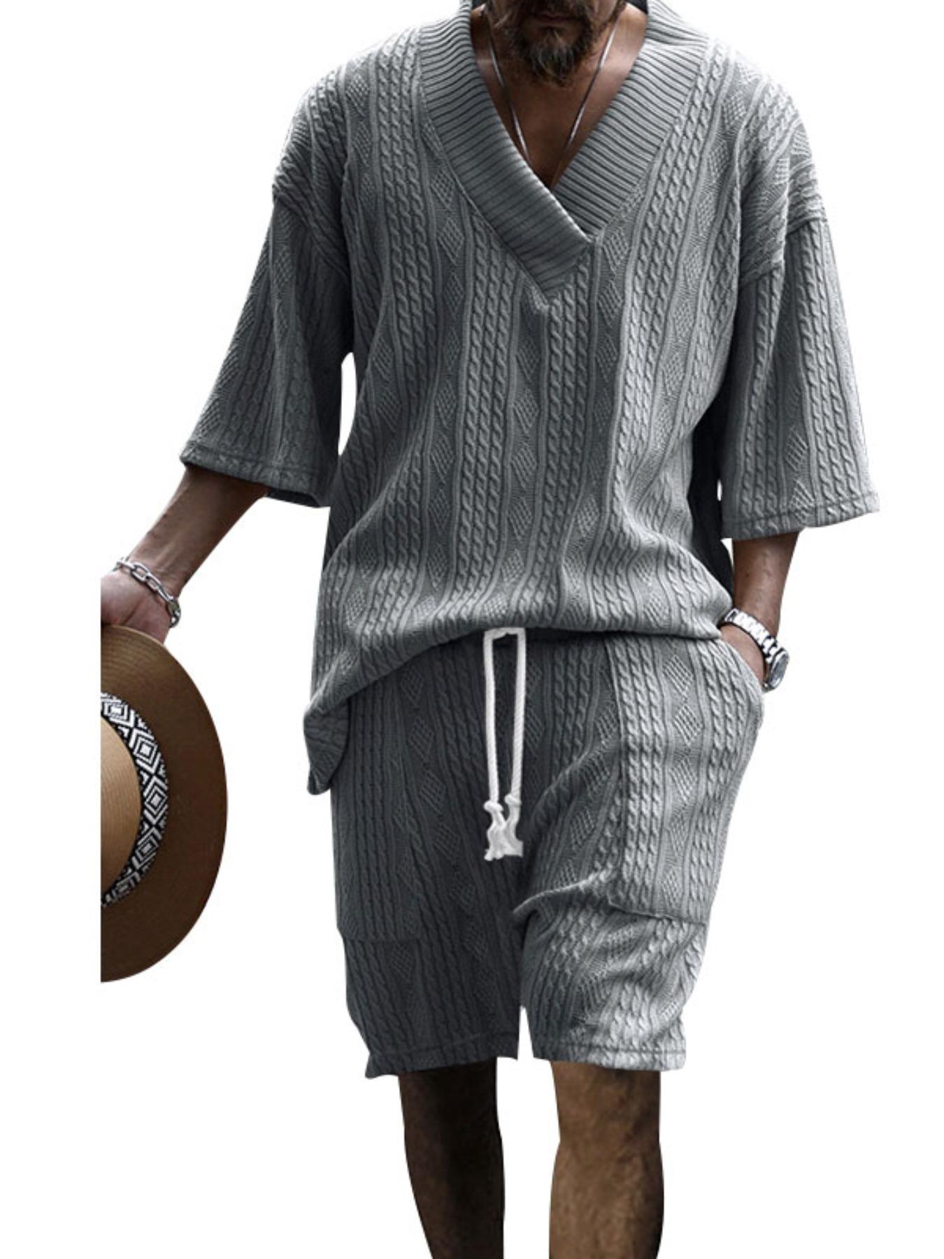 Men's Solid Drop Shoulder Knit Top & Shorts Two-Piece Set, Loose Casual Fashion Cozy Breathable Short Sleeve T-shirt & Shorts for Daily Outdoor Wear, Menswear for Summer, Clothing