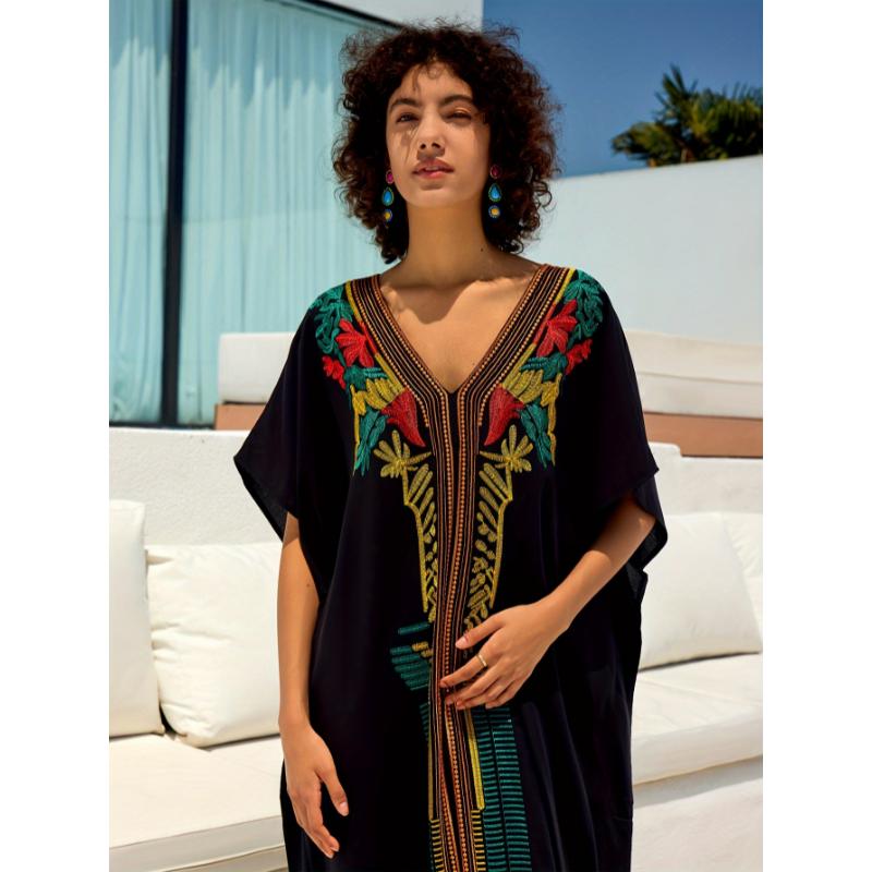 Moroccan Kaftan Dresses For Women Plus Size Caftans Loungewear Embroidered Beach Kaftan Cover Up Mumu House Dress Casual Sleeve