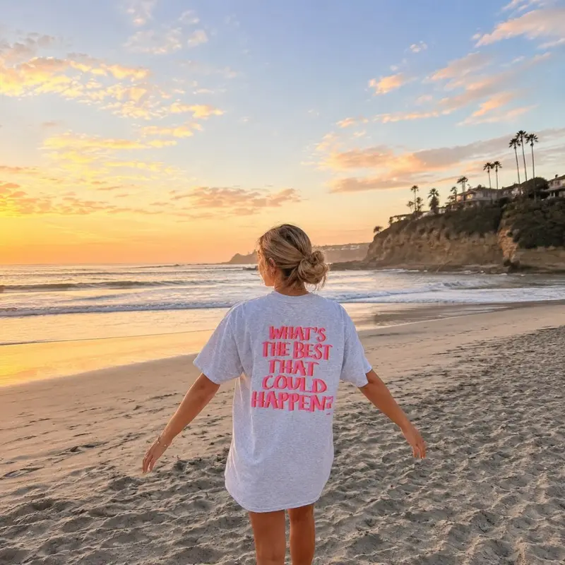Women Oversized Short Sleeve Graphic Tee Light Gray with Pink Positive Slogan Soft Cotton Breathable Summer Top for Beach Vacation Casual Daily Wear Trendy Aesthetic Preppy Outfit