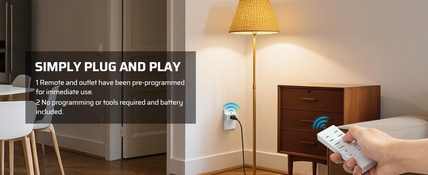 F-PSP02  Wireless Remote Control Outlet with Timer, Indoor Remote Timer Outlet, No Interference No Wiring, 15A/1875W 100FT RF Range, Countdown Light Switch for Lamp, Fan, Christmas Decor, FCC Listed