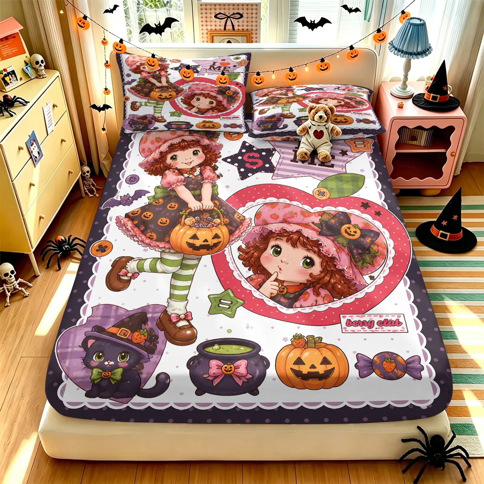 Cartoon Girl Doll Strawberry Print Halloween Themed Fitted Sheet 3Pcs Bed Sheets Set, Y2K Cute Halloween Style Strawberry Print Bedding Set, Soft Breathable Elastic Wrap‑Around Fitted Sheet, For Girls Apartment, Holiday Bedroom Decoration