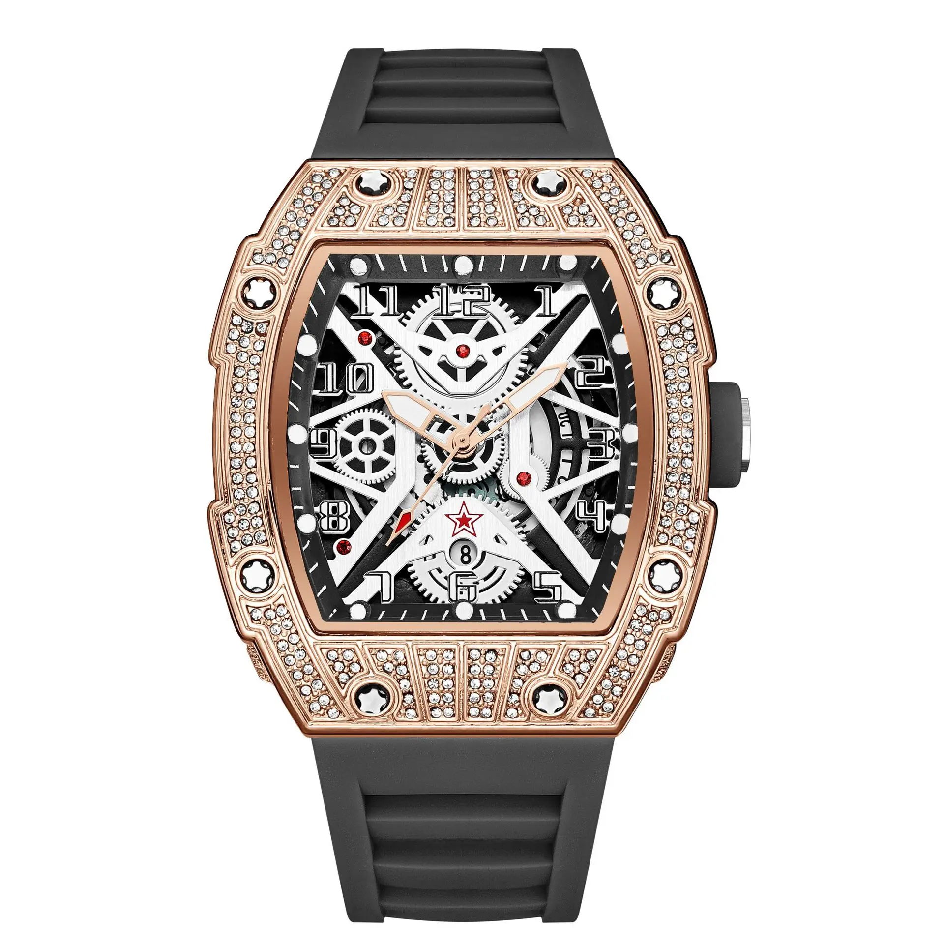 Diamond Tonneau Men Quartz Watch, Large Hollow Skeleton Luminous Dial Black Rubber Strap, Luxury Bling Racing Wristwatch Waterproof Fashion Statement Watch For Men, Cheap Watches That Look Expensive, Perfect Birthday Gift For Young Guys