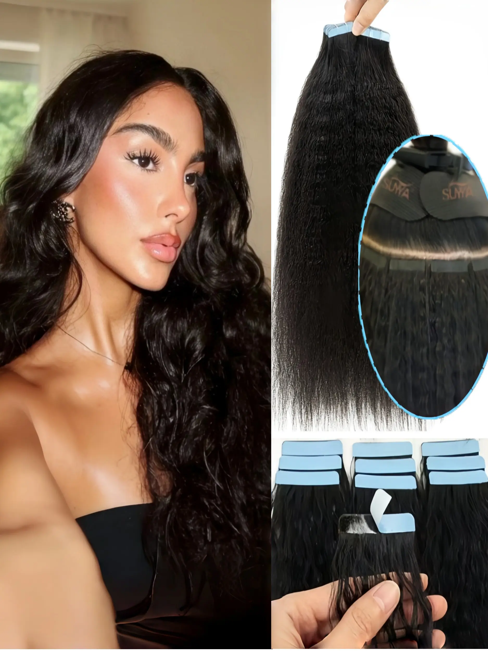 Natural Water Wave Tape for Human Hair Extensions, 12-24 Inches, Curly Wet & Wavy Bundles, 20pcs, Ideal for Women