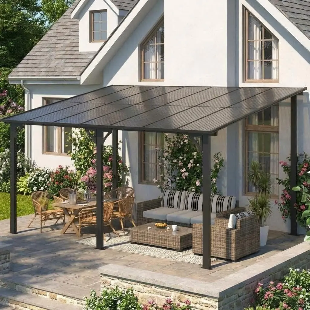 GARVEE 10'X14' Hardtop Wall-Mounted Gazebo with Gutters, Galvanized Steel Roof, 60MPH Wind Resistant Lean-To Roof for Deck, Porch, Backyard