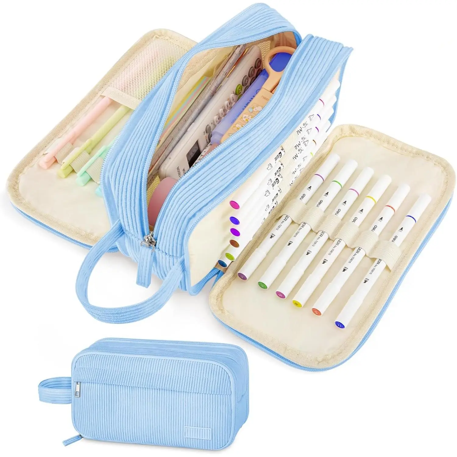 Cute Corduroy Pencil Case with Handle,  4 Compartment Multiple Pockets Aesthetic Pencil Pouch Organizer for Teen Girls Boy School&College Supplies