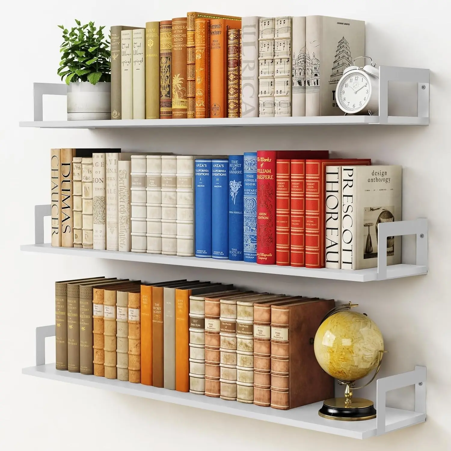 White Floating Book Shelves for Wall, 36 Inch Wall Bookshelf for Kids Bedroom, Large Deep Hanging Shelves with Metal Brackets for Living Room Office Décor Indoor Plants (3-Pack)