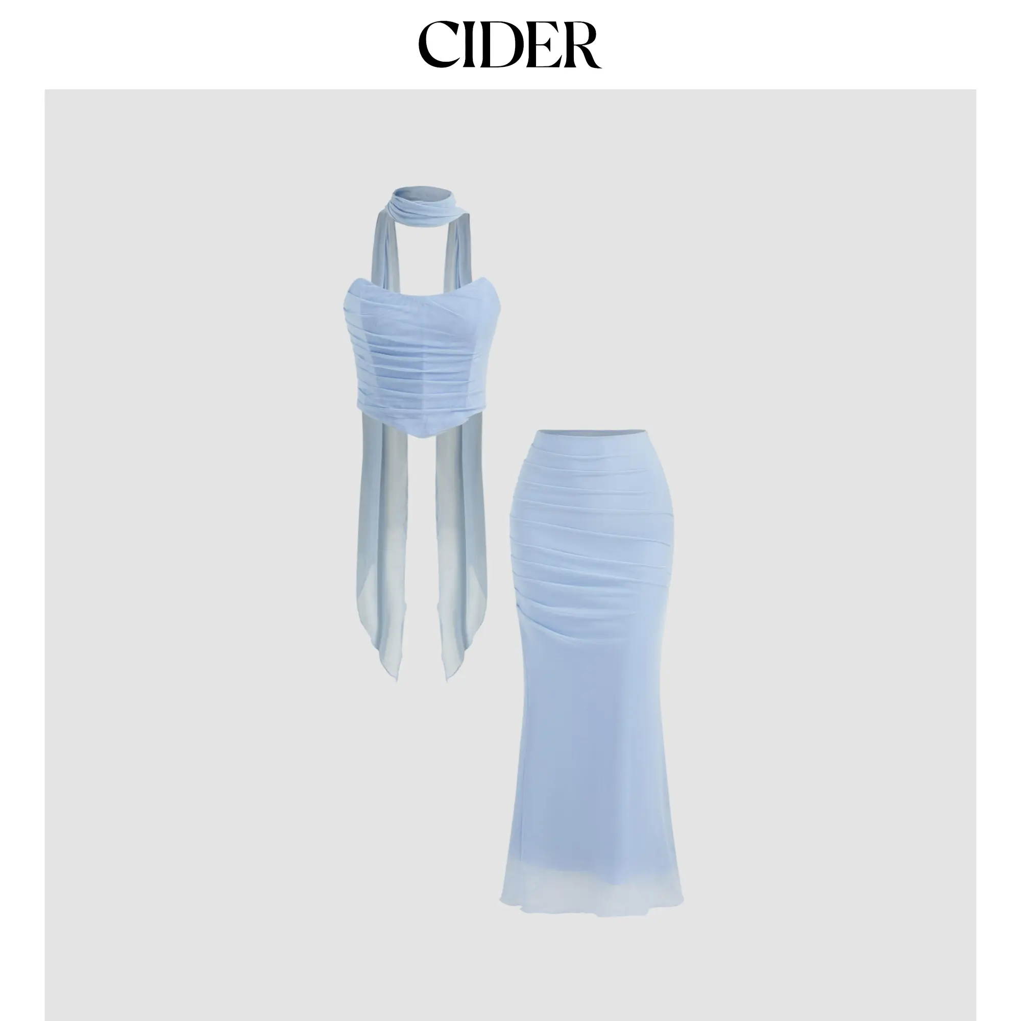 Cider Mesh Halter Neckline Crop Bandeau Top & High Rise Ruched Mermaid Maxi Skirt Set SohoChic