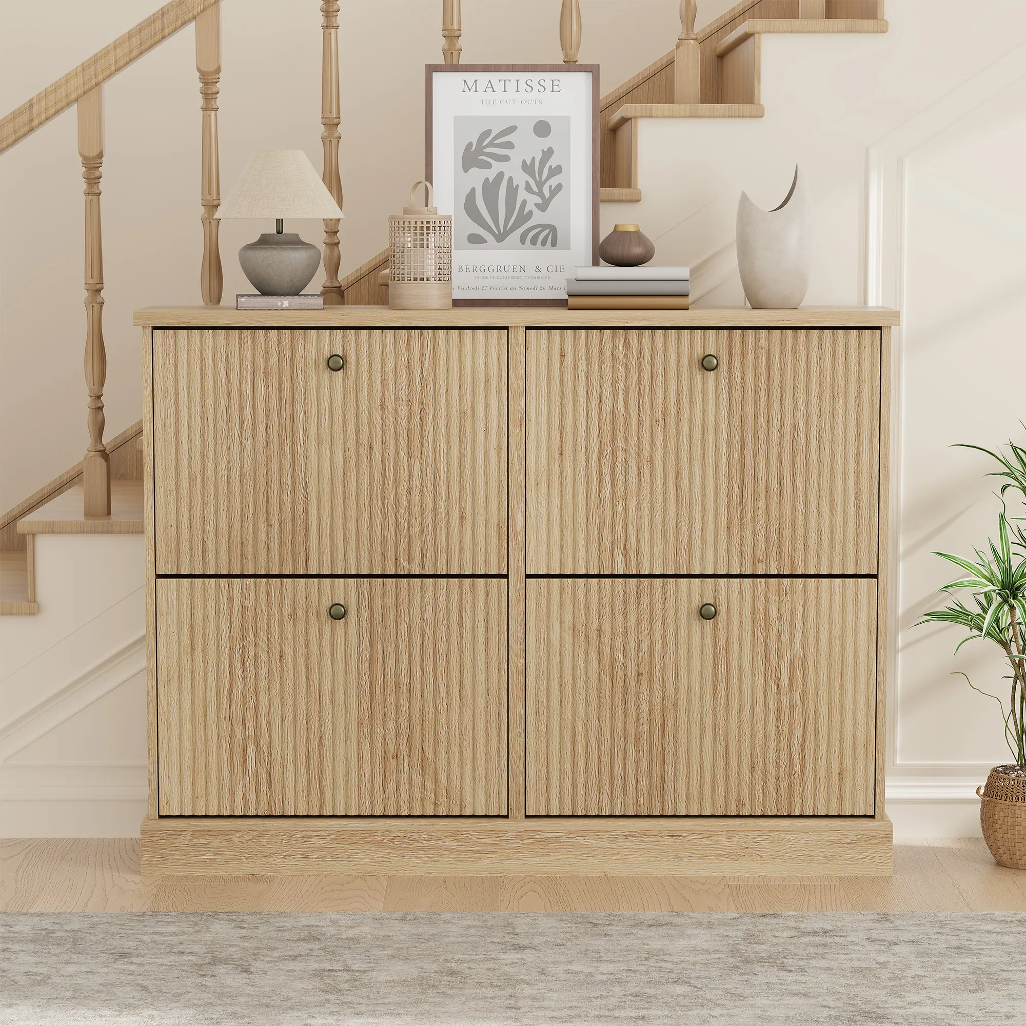 Garvee Modern Freestanding Shoe Cabinet with 4 Doors & 1 Drawer – Narrow Wooden Entryway Organizer with Open Bottom Shelf – Hidden Shoe Storage, Space-Saving Design – Natural Oak Finish