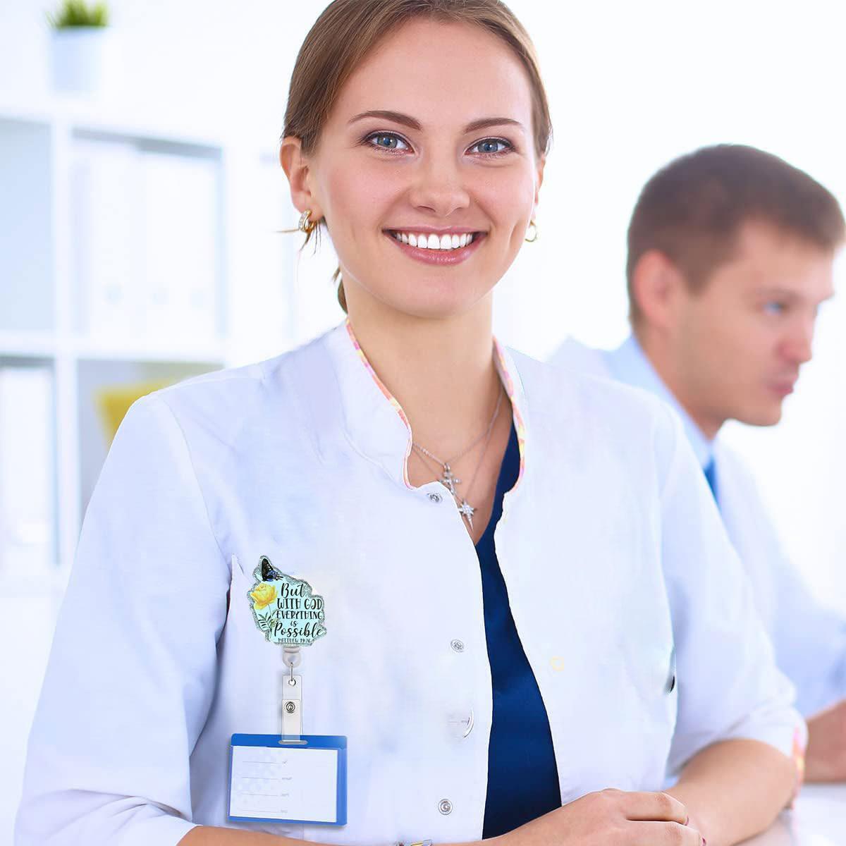 Flower & Butterfly & But With God & Everything is Possible Letter Pattern Retractable Badge Reel, 1 Count Acrylic ID Holder with Clip, Badges Supplies for Nurses Doctors Students Office Staff, Badge Reels Retractable