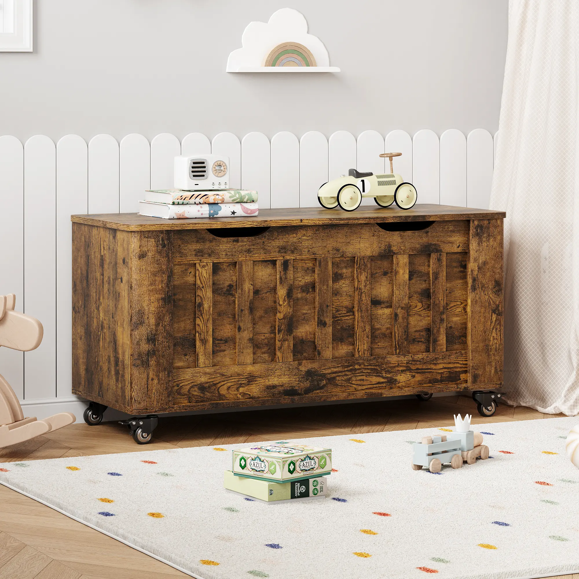 Sturdy Wooden Entryway Storage Bench with Wheels – 39.4'' Blanket Chest, 2 Safety Hinges, Supports 350 lbs, Rolling Trunk for Living Room or Bedroom, Rustic Brown