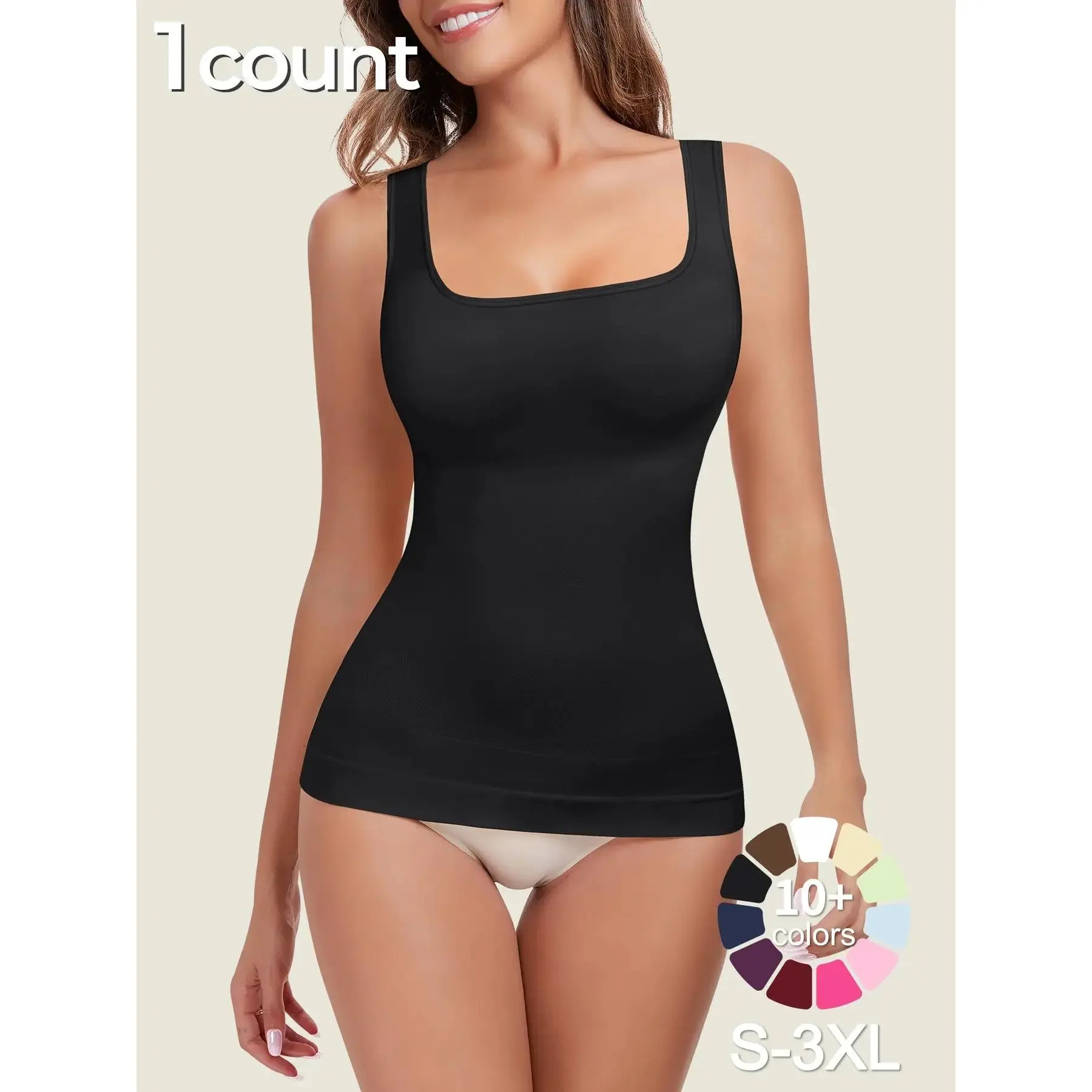 Women's Tummy Control Shapewear Tank Top, Seamless Square Neck Breathable Smooth Comfy Compression Fit Top, Slimming Body Shapewear, Solid Backless Shaper