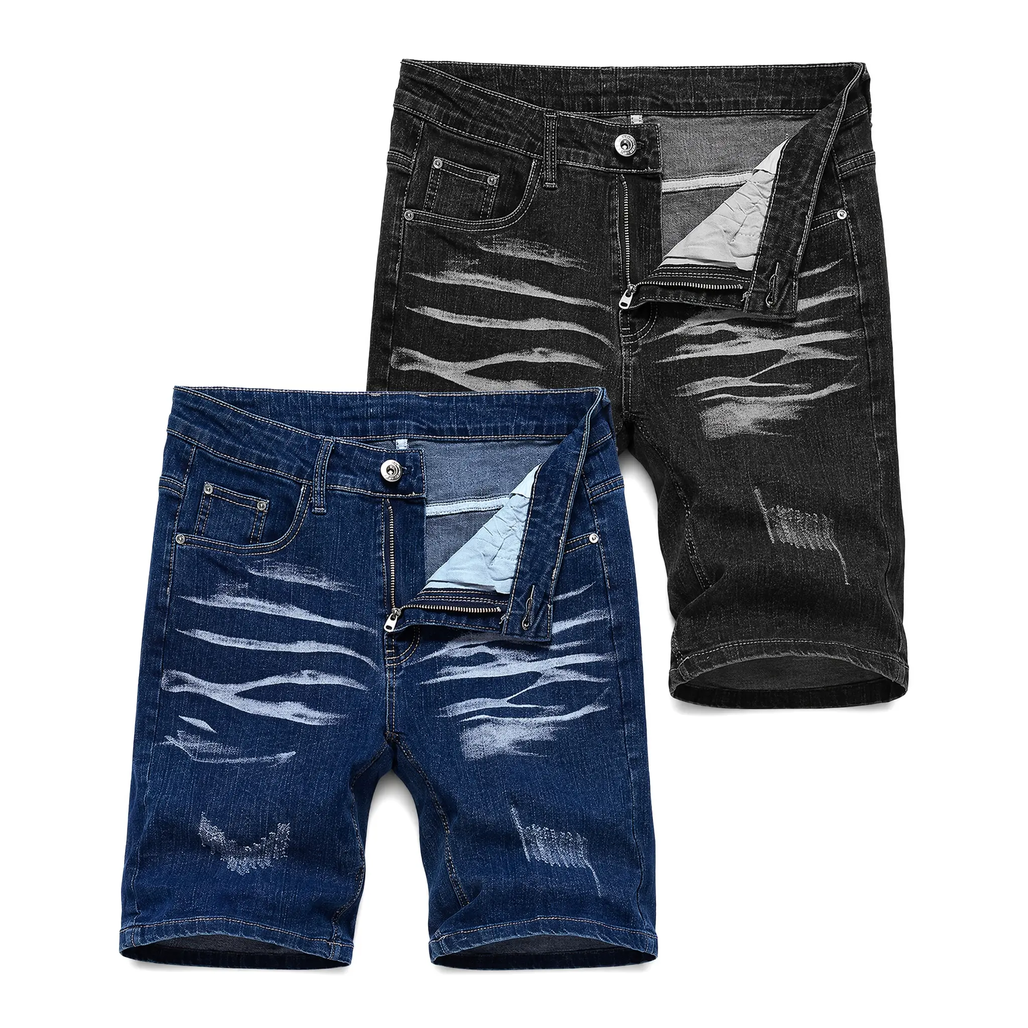 2-piece set Men Casual Streetwear Dark Blue Black Grey Washed Distressed Knee Length Slim Fit Denim Shorts with Cat Whisker Wash Quilted Lining for Urban Essentials Summer Fashion