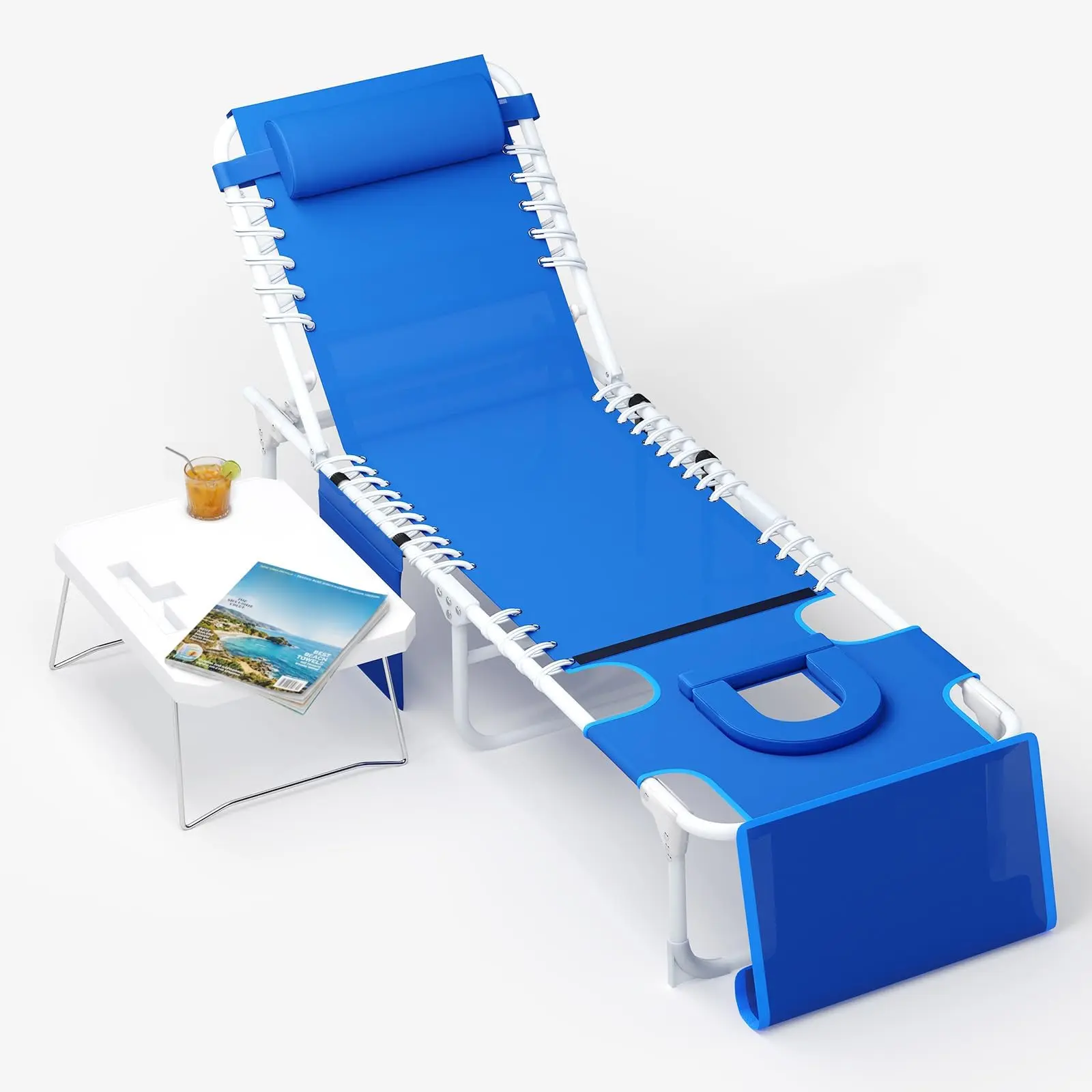 Garvee 3-in-1 Folding Beach Lounge Chair with Face Hole - 5-Position Reclining Tanning Chair, Lay-Flat Portable Folding Bed, Folding Side Table & Removable Pillow, 330 lb Capacity - Navy Blue