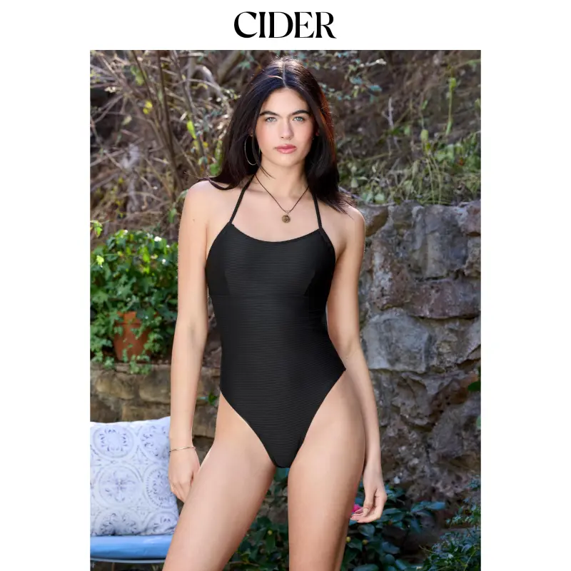 Cider Rib Fabric Shaping Halter Neckline One Piece Swimsuit