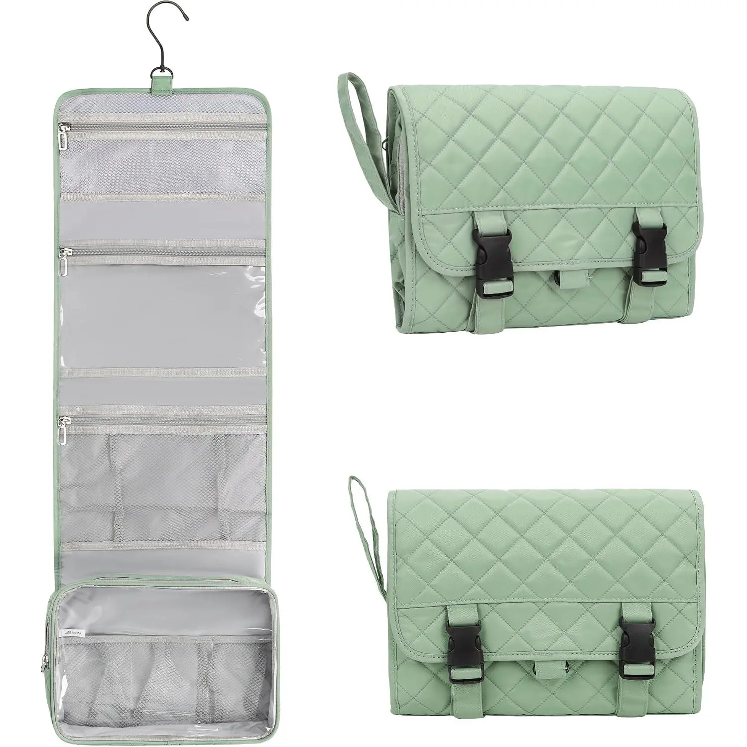 Travel  Toiletry Bag for Women, Travel Wash Bag with 360° Rotation Hook,  Large Stand Up Toiletries Organizer for Bathroom Shower Camping - Green
