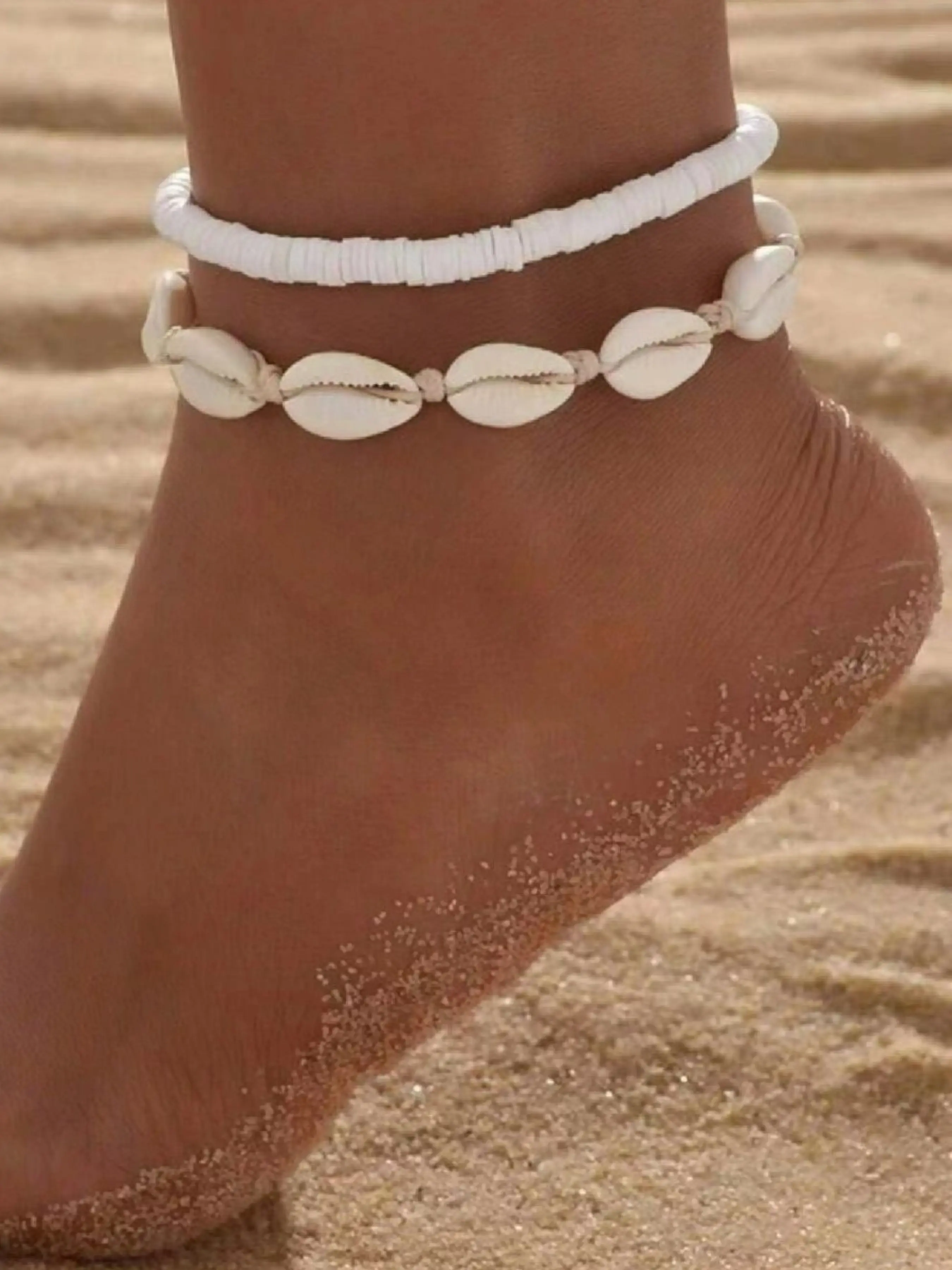 Double Layer Anklet Constructed With Natural Cowrie Shell And Soft Clay Beads, Adjustable Handmade Boho Style Foot Bracelet, Minimalist Summer Beach Ankle Jewelry, Fashion Vacation Daily Wearing Anklet Accessories, Suitable For Women