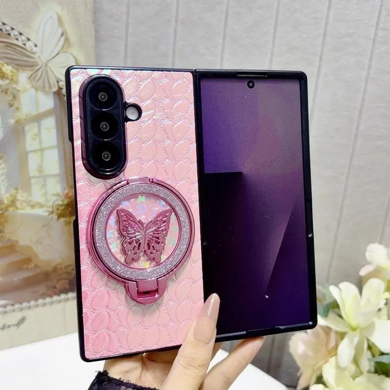 Compatible with Samsung Galaxy Z Fold 7, 6, 5, Iridescent Magnetic Protective Phone Case with Butterfly Shaped Kickstand HNZ0323