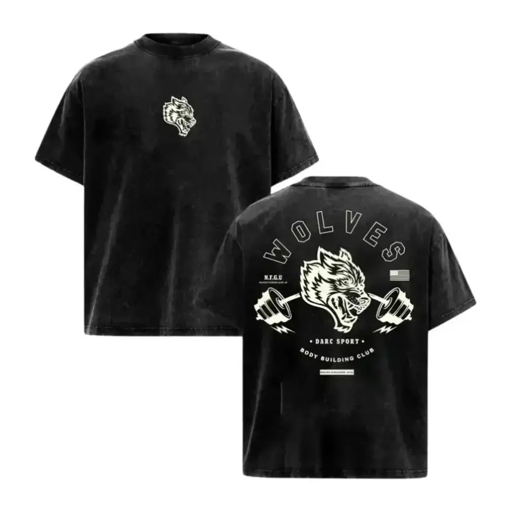 Darc Sport Wolves Men's Vintage Washed Loose Heavy Cotton Fitness T-Shirt - Round Neck, Short Sleeve, Anti-Wrinkle Fabric, Summer Comfortable