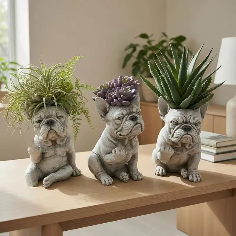 Funny French Bulldog Resin Flowerpot - Creative Dog Statue Landscaping Flower Arrangement for Indoor and Outdoor Use - Desktop, Balcony, Dining Table Decorative Item - Suitable for Growing Succulent Flowers, Herbs, Garden Decor Gift for Home Accessories