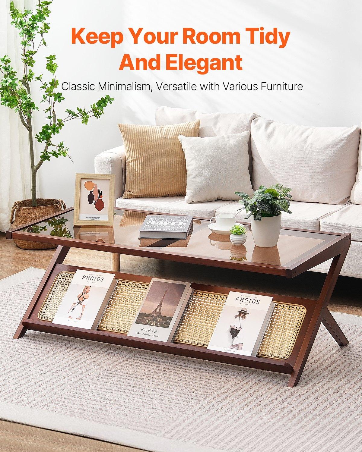 VEVOR Rattan Coffee Table, Z-Shaped Rattan Woven Bamboo Coffee Table with Tempered Glass Top, 47" Modern Boho Storage Coffee Table with Natural Bamboo Legs, for Living Room, Bedroom & Small Spaces