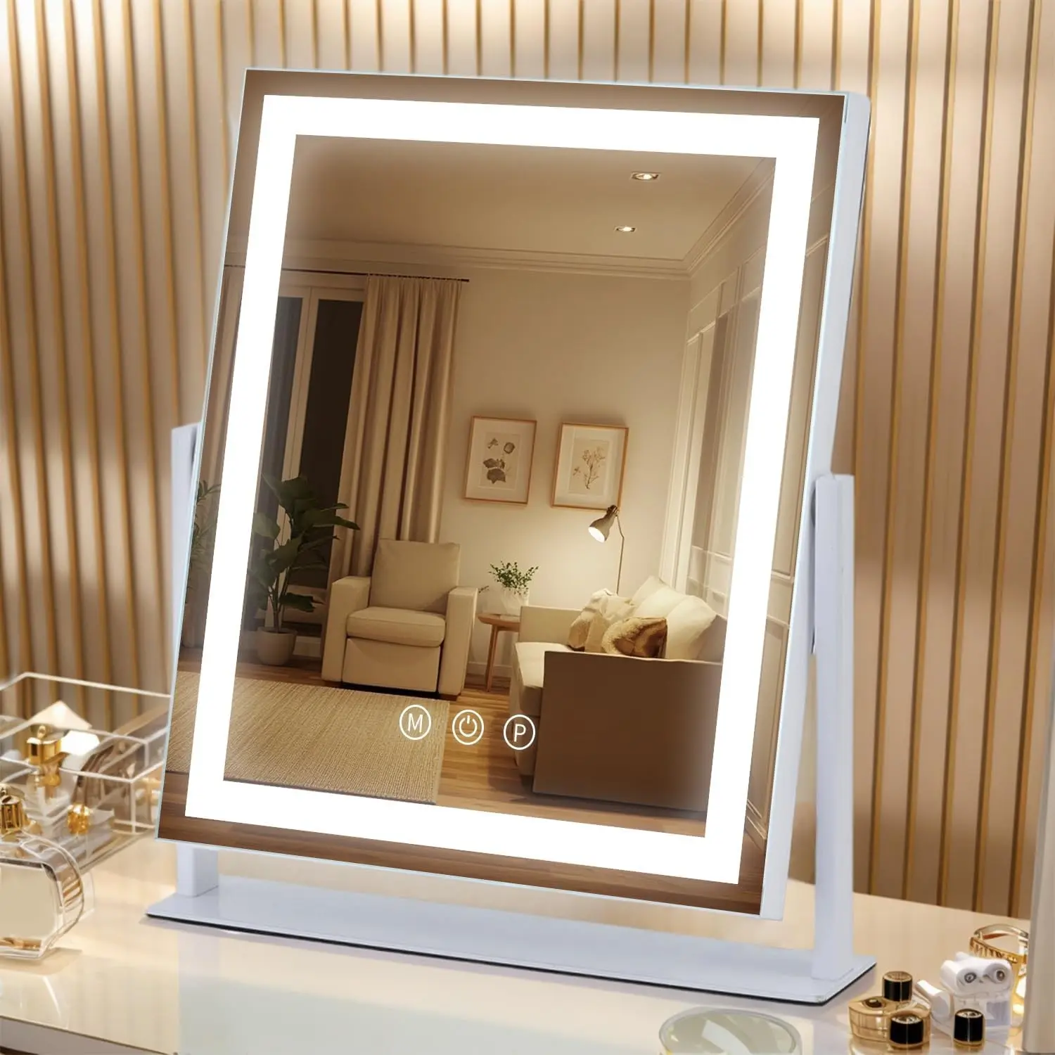 Indoor Furniture Vanity Desk Mirror (13.2x11.2in), Pre-Assembled Durable Portable Design with U-Shape Base, Smart Touch Switch, 3 Color Modes, Stepless Dimmer for Desk-Bedroom Use