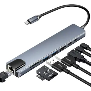 usb c adapter   Hub 8 In 1 Type C 3.1 To 4K HDTV Adapter with RJ45 100Mbps SD/TF Card Reader PD Fast Charge for MacBook Notebook Laptop