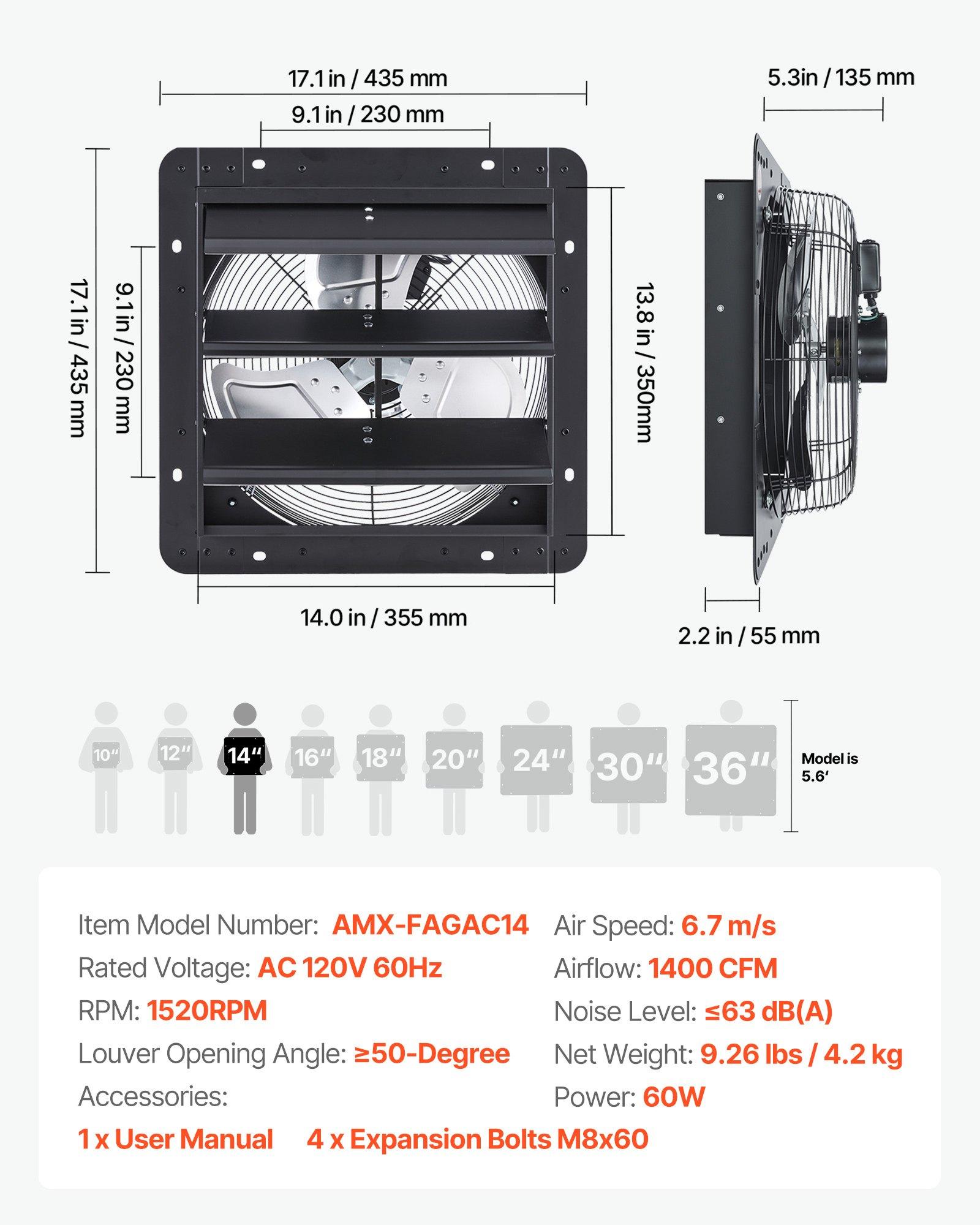 VEVOR 14 inch Shutter Exhaust Fan, Wall Mounted Attic Vent Fan with Variable Speed Controller, 1400 CFM, AC Motor, Heavy-duty Steel, Low Noise for Shed, Garage, Greenhouse Ventilation Cooling, Black VEVOR 14 inch Shutter Exhaust Fan, Wall Mounted Attic Vent Fan with Variable Speed Controller, 1400 CFM, AC Motor, Heavy-duty Steel, Low Noise for Shed, Garage, Greenhouse Ventilation Cooling, Black