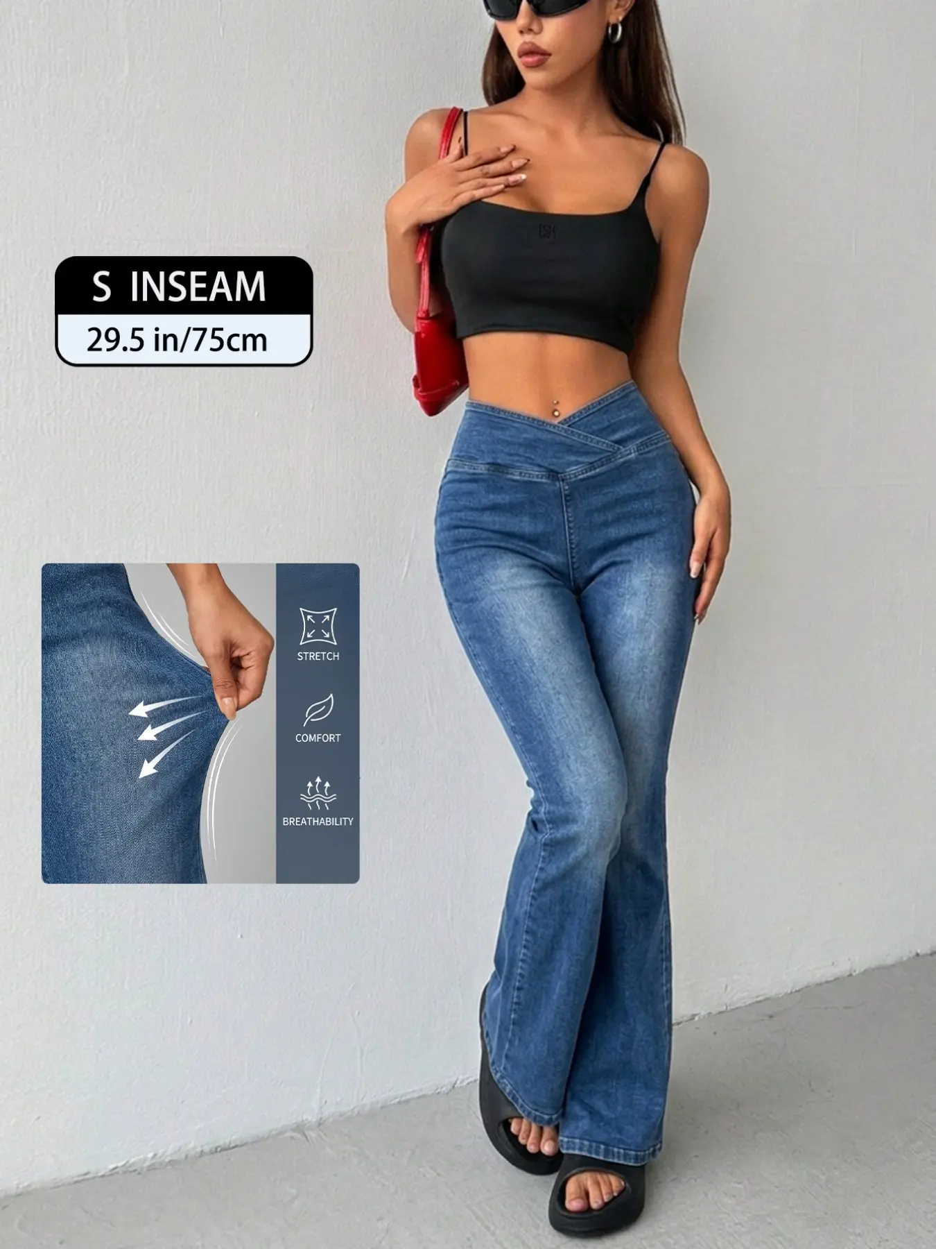 Women's Elastic Denim Flare Pants Crossover Pocket Jeans, High-Waisted Crossed Waist with Pockets, Comfortable Washed Fabric, Casual Fashion for All Seasons