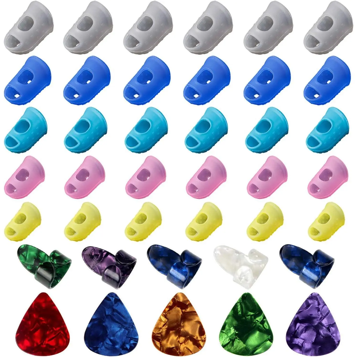 30 count  Guitar Finger Guards 5 Sizes Fingertip Protectors | Finger Covers Caps, With picks, For Acoustic Stringed Instruments Players, Sew Embroidery Use, Anti Slip