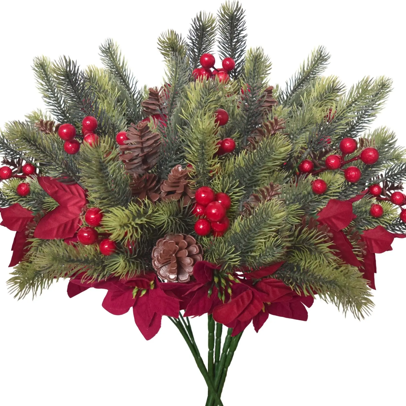 5Pcs Christmas Flowers Artificial Pine Branches with Silk Poinsettia, Fake Pine Cones and Red Berry, Faux Winter Greenery Picks and Sprays for Planters, Window Box, Table, Indoor Outdoor Decorations, Tabletop Centerpiece