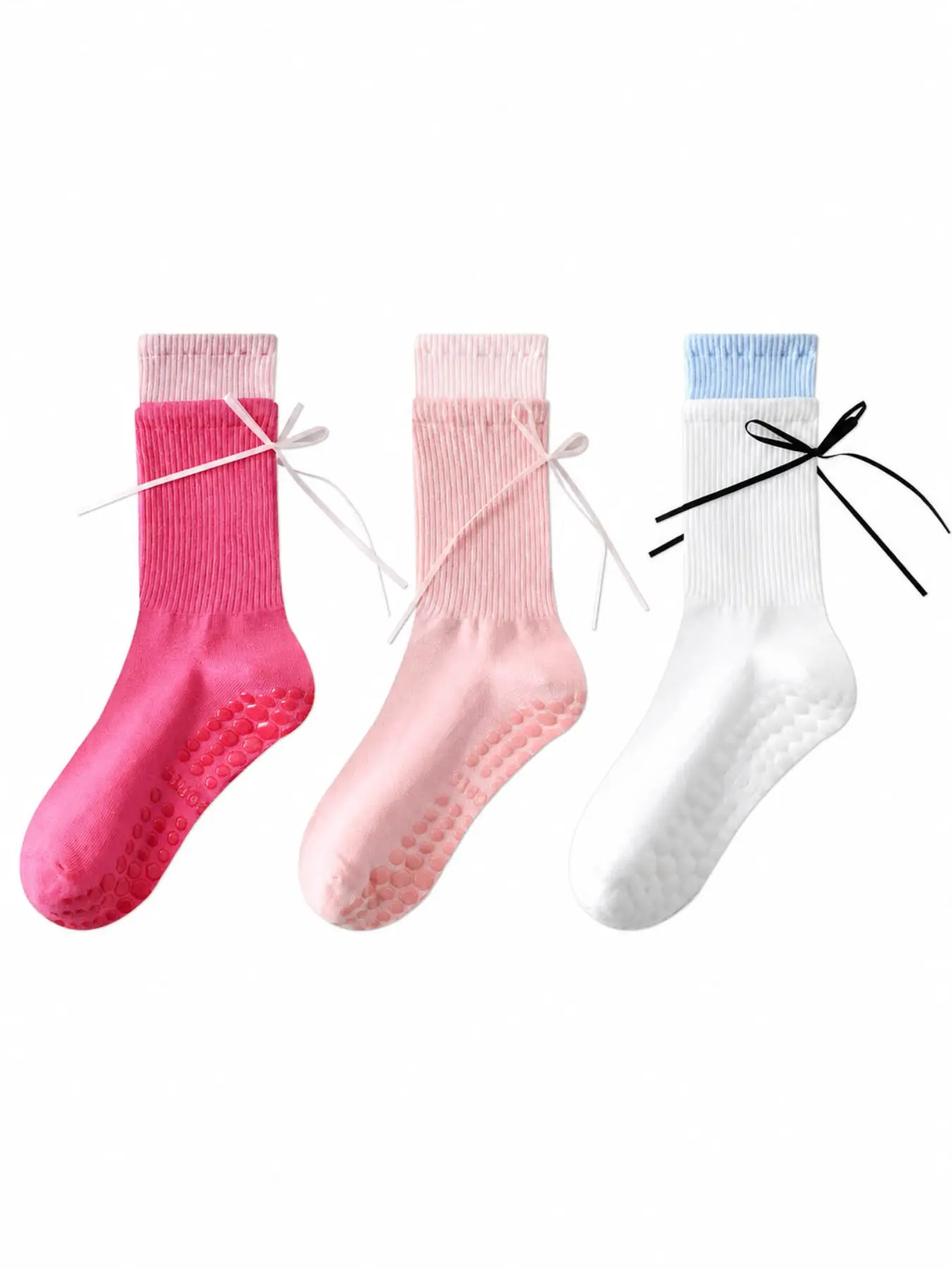3 Pairs Cute Pilates Grip Socks with Grips for Women Ribbon Bow Yoga Socks Crew Non-Slip Grippy Socks for Barre Ballet Dance Fitness Gym Home Hospital