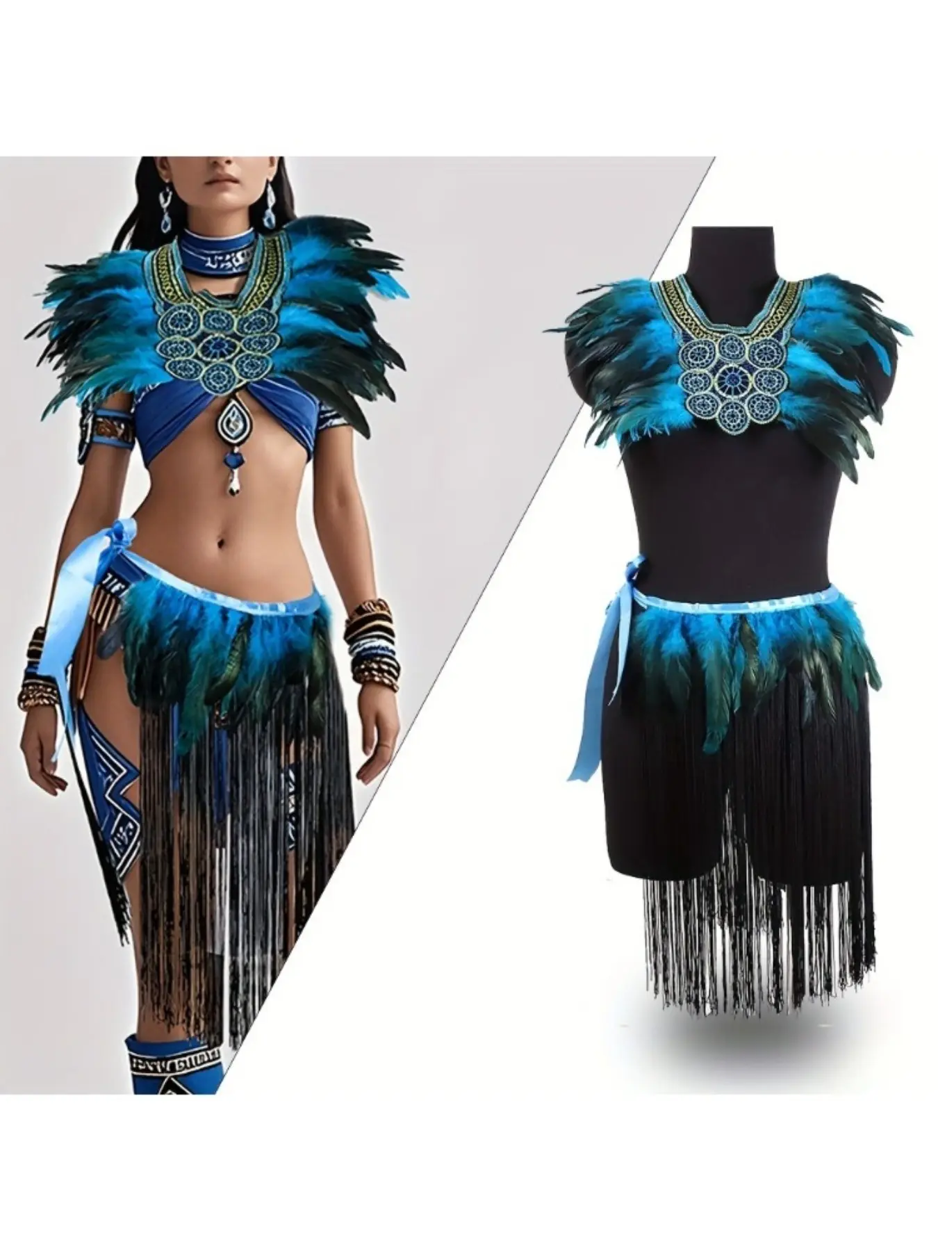 Gothic Carnival Festival Layered Feather Cape Set Runway Stage Performance Costume, Women, Colorful Feather Cape & Accessories for Catwalk Shows