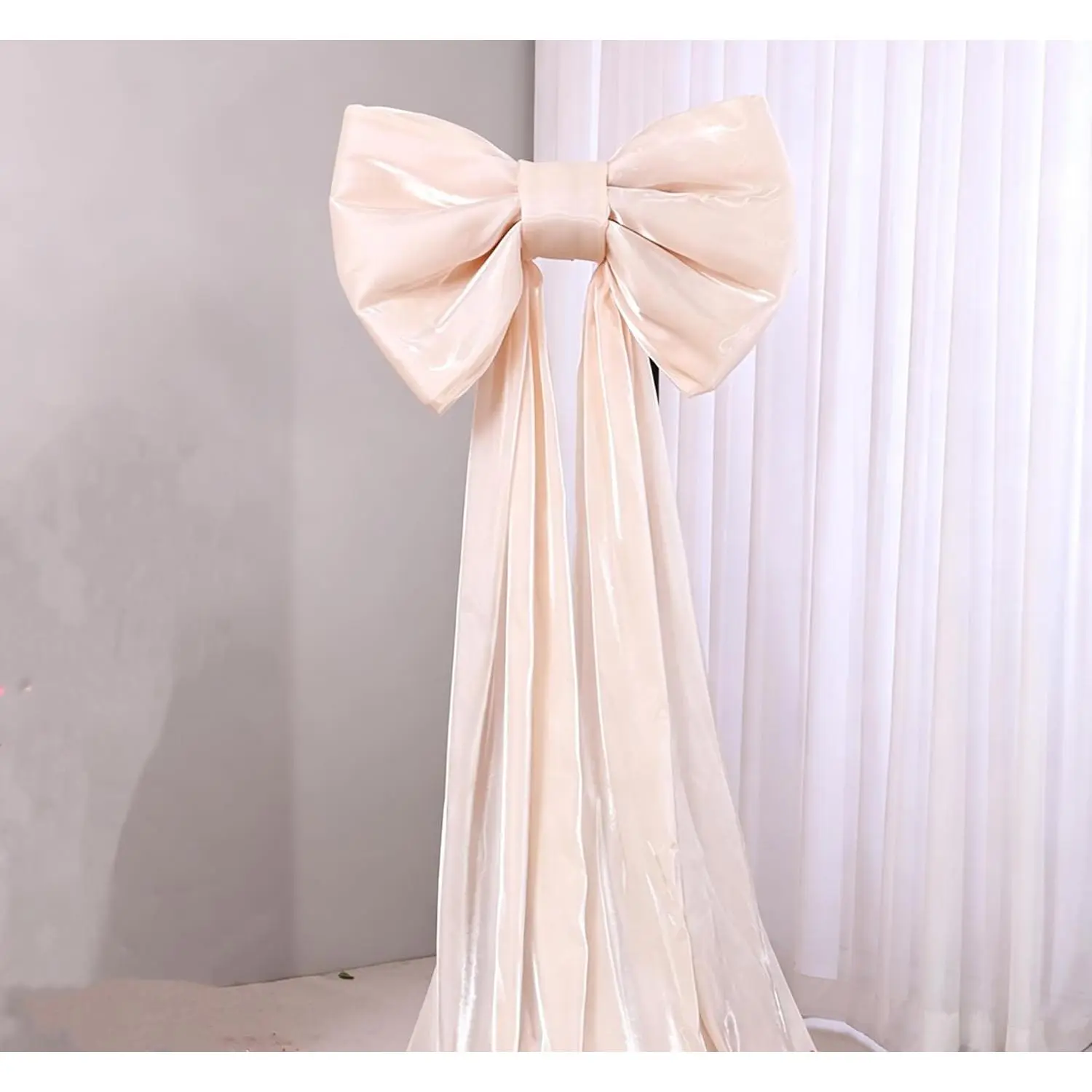 Large Organza Bow Decor for Coquette Aesthetic Room Outdoor with Long Ribbon Tails, Sponge Reinforced, Hanging Wall Decoration for Wedding Arch Valentine's Day Party Backdrop Birthday, Beige, 19.7*15"