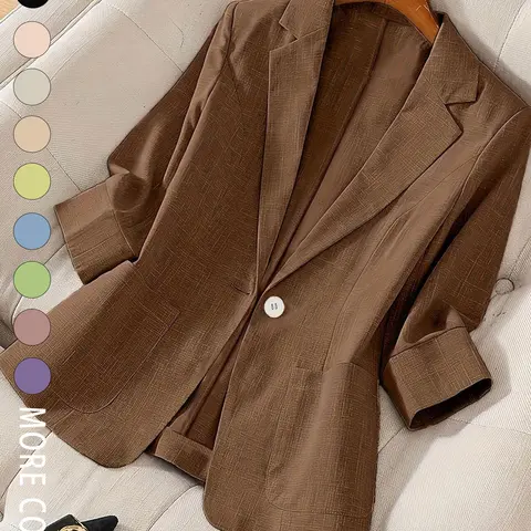 Women's Solid-Color Tailored Blazer, Lightweight Three-Quarter Sleeve, Fitted Commuter Jacket for Spring & Summer, Business Work Clothes