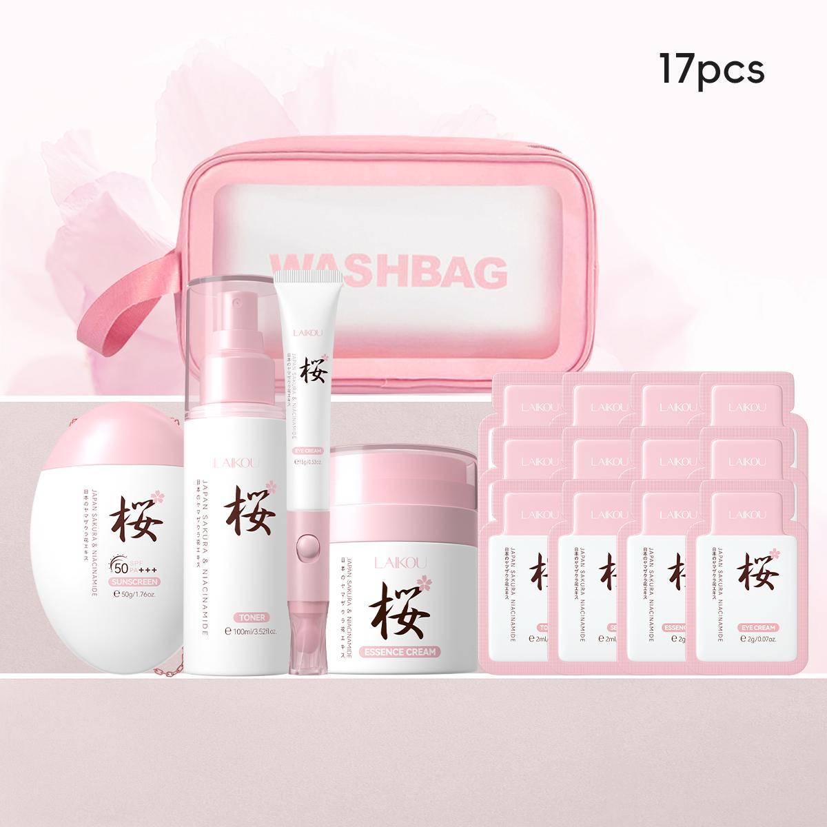 Sakura Skin Care Kit, 17pcs/set Toner & Cream & Sunscreen & Eye Cream & Makeup Bag & Experience Pack, Portable Skin Care Kit for Women, Moisturizing Set, Skin Care Sets