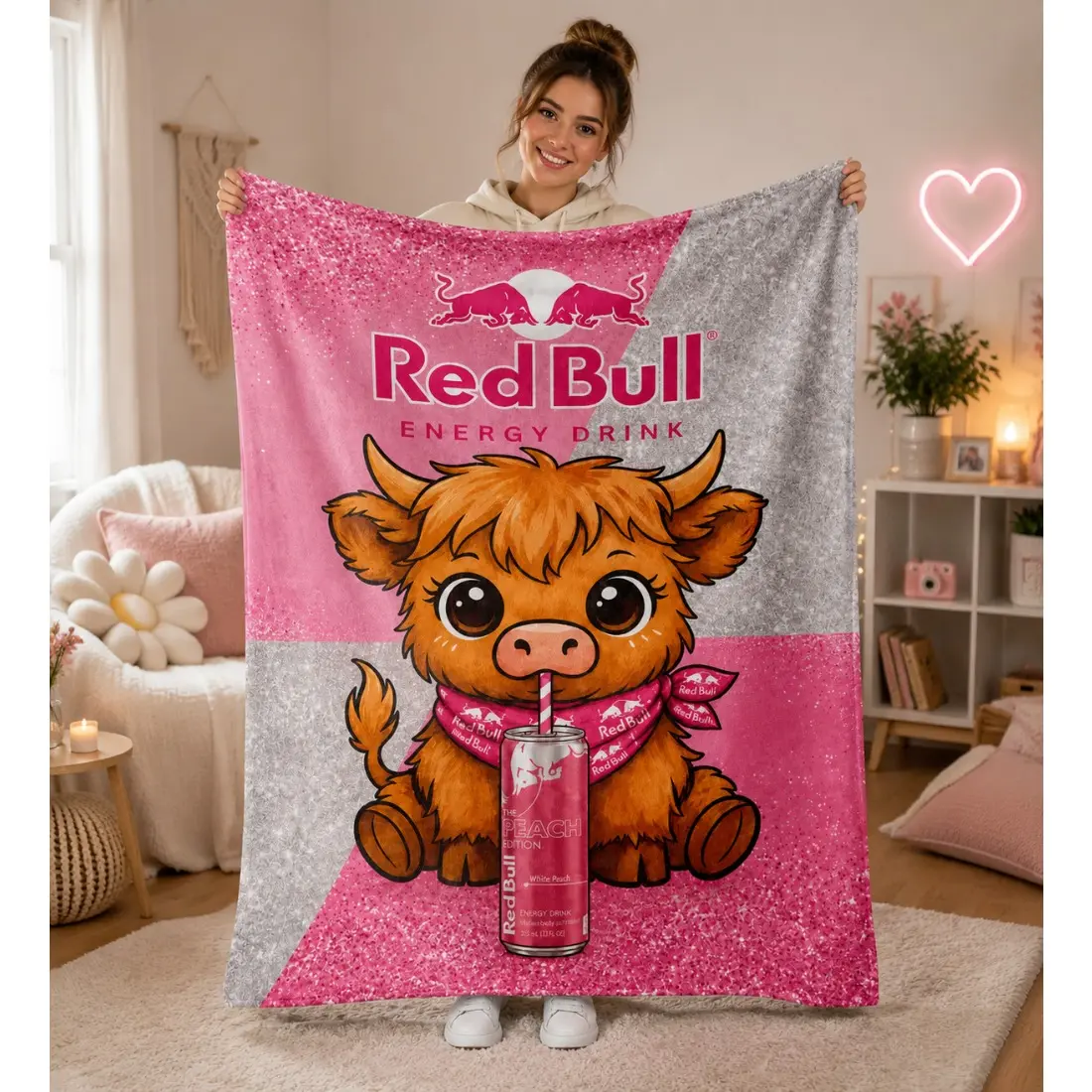 Red Bull Peach Edition Highland Cow Flannel Throw Blanket, Funny Energy Drink Inspired Cozy Blanket, Soft Warm Plush Throw for Home Decor, Couch Sofa Bedding, Cute Highland Cow Gift for Fans, Holiday Birthday Gift
