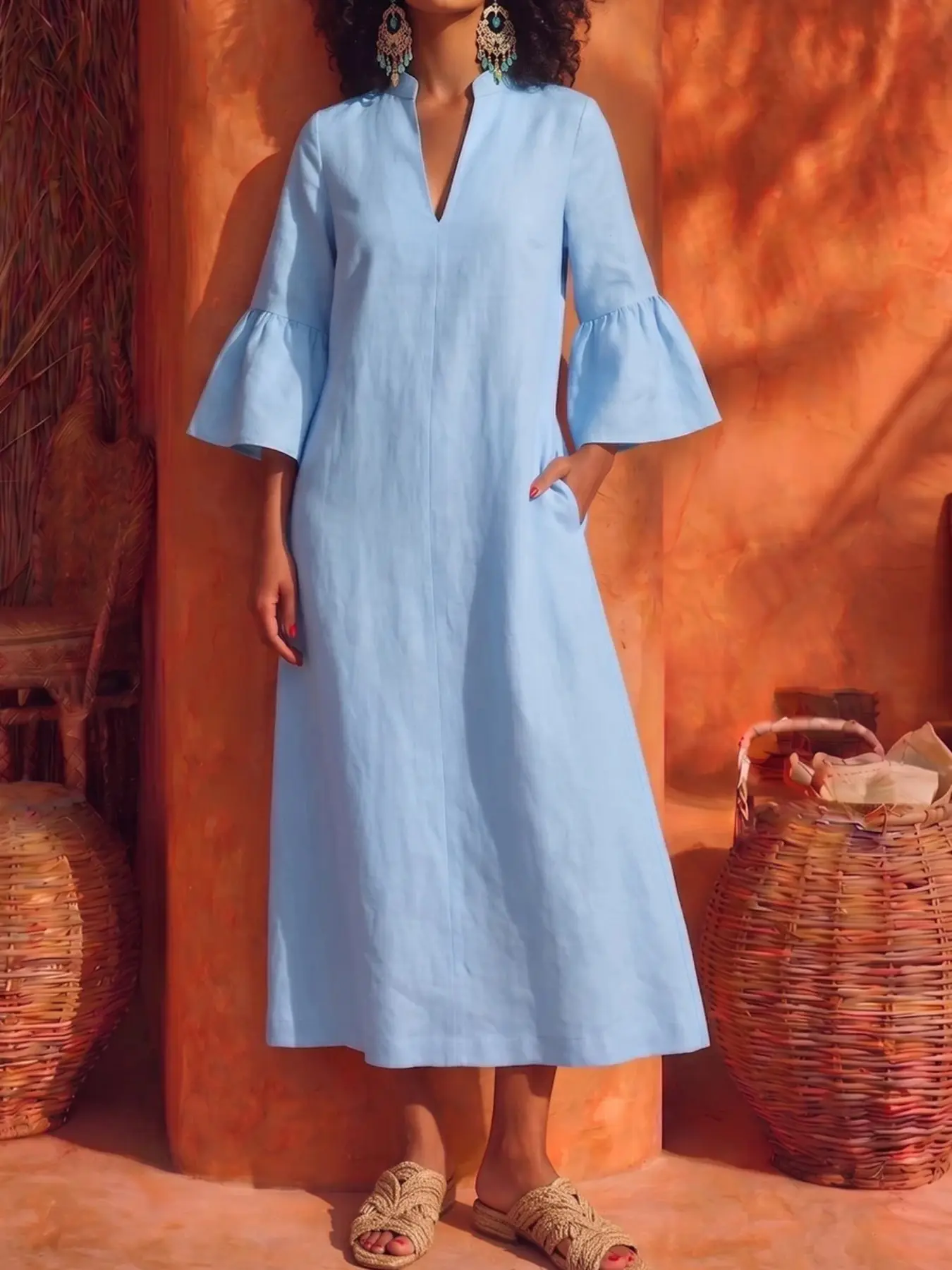 Summer New Loose Fit Bell Sleeve Dress for Women, Casual Daily Wear, Medium-Length, Leaflet Sleeve Dress, Perfect for Vacation, Boho Beach Dresses