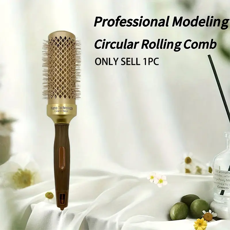 Gold Ceramic Aluminum Roll Comb, Nylon Bristles for All Hair Types, Round Tube Curling Brush, Air Drying Comb, Styling Tool